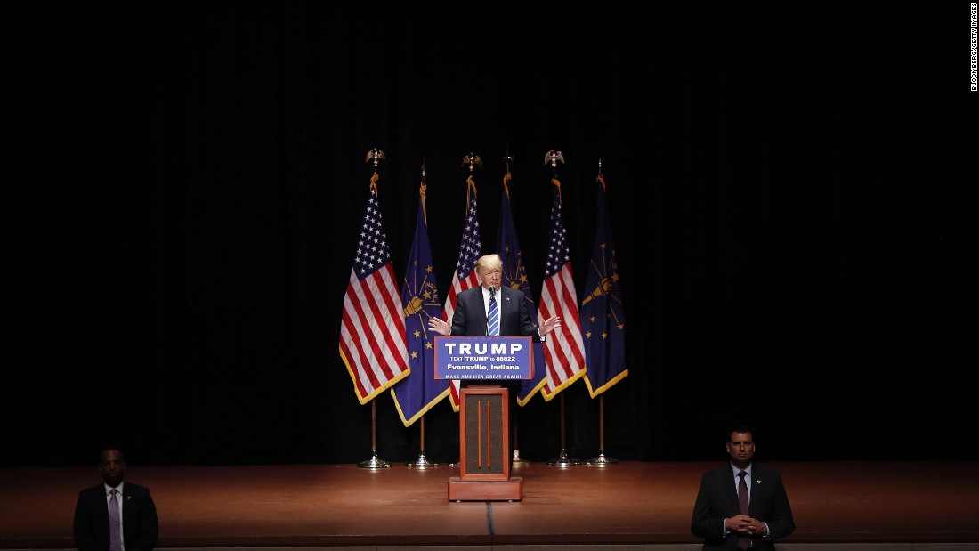 Trump speaks during a campaign event in Evansville, Indiana, on April 28. After Trump won the Indiana primary, his last two competitors dropped out of the GOP race.