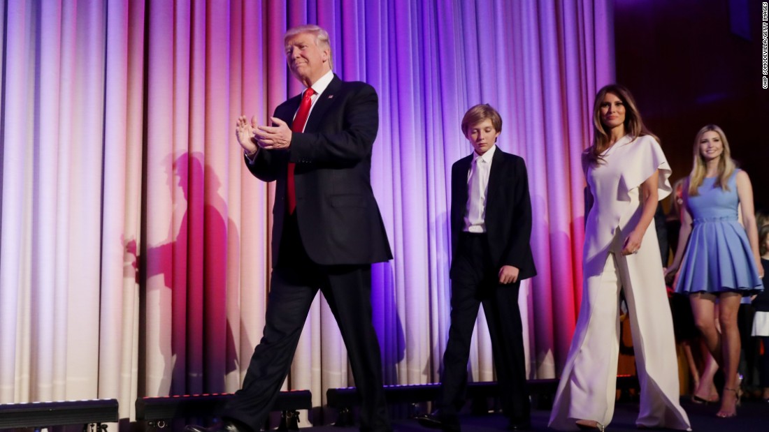 Trump walks on stage with his family after he was declared the election winner on November 9. &quot;Ours was not a campaign, but rather, an incredible and great movement,&quot; he told his supporters in New York.