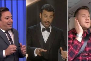 Late night TV hosts (from left) Jimmy Fallon, Jimmy Kimmel and James Corden.