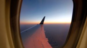 Flying over Western Australia, in a private jet. Air travel, horizon, sunset, wing,  SMH News/Generics. Pix by Quentin ...