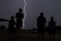 Lightning strikes at Narrabeen as storms move through the Northern Beaches on Monday.