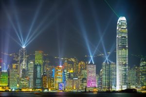 Hong Kong skyline across Victoria Harbour. 