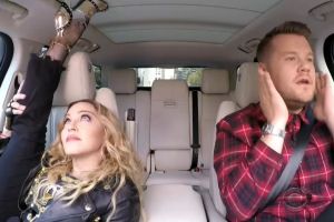 Madonna flexes on Carpool Karaoke with James Corden.