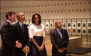 President and Mrs. (Barack & Michelle ) Obama with Rep. John Lewis, D-GA, during a tour of the museum before his remarks at the Civil Rights Summit  at the LBJ Presidential Library in Austin, TX, Thursday, April, 10, 2014.   (photo by Doug Mills/ The New York Times)