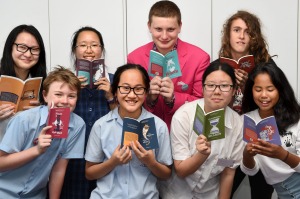 Young talent time:  First time published students (L to R) Finbar Clayton, Phoebe Lu, Briana Terman, Bindi Mutiara; ...