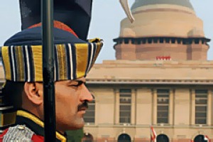 City life ... guards stand in the Mughal Gardens.