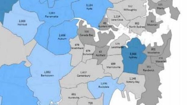 The chart depicts the concentration of development in areas to Sydney's west.