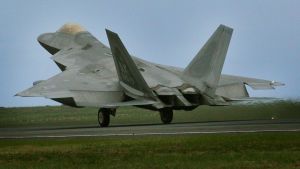 One of 2 U S Airforce's F22 Raptors arrrives at Avalon Airport last night , the high tech fighter aircraft are here for ...