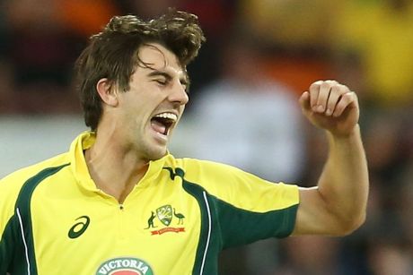 Comeback: Pat Cummins celebrates after taking the wicket of Martin Guptill during the one-day international series ...