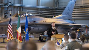 Defense Secretary Ash Carter speaks to airmen at Aviano Air Base, Italy, Dec. 13, 2016.