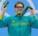 Australia's gold medal winner Mack Horton celebrates on the podium during the 2016 Summer Olympics.