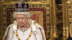 LONDON, ENGLAND - MAY 18: Queen Elizabeth II and Prince Philip, Duke of Edinburgh sit the throne during State Opening of ...