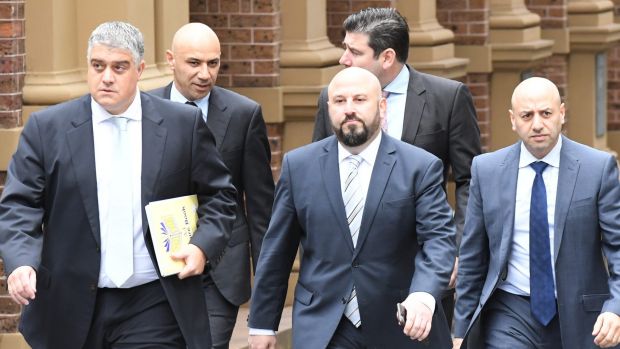 From left, Nick Di Girolamo, Moses Obeid, Eddie Obeid jnr, solicitor Tim Breene and Paul Obeid at the Supreme Court.