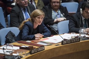 Samantha Power, Permanent Representative of the United States to the United Nations, addresses other members of the Security Council during an emergency meeting on the situation in the Syrian city of Aleppo, 13 December 2016.