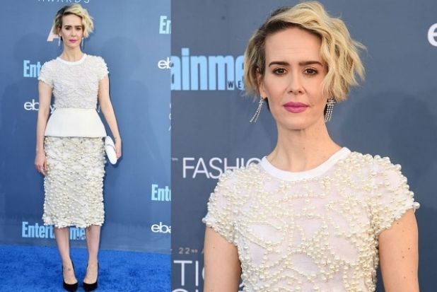 This might be Sarah Paulson in Vera Wang, but it feels very much like Jackie O imagined by Karl Lagerfeld (and I mean ...