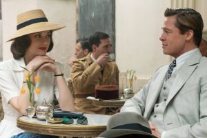 This image released by Paramount Pictures shows Marion Cotillard, left, and Brad Pitt in a scene from, "Allied," in ...