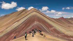  Vinicunca Mountain (Rainbow Mountain) Peruvian Andes. The climb to get here is a challenge but well worth it to stand ...