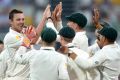 Pink ball fever: Josh Hazlewood celebrates another wicket on day two.