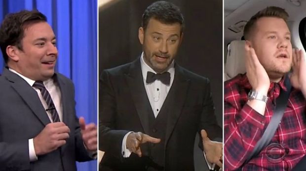 What not us? Late night TV hosts (from left) Jimmy Fallon, Jimmy Kimmel and James Corden.