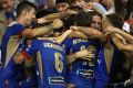 NEWCASTLE, AUSTRALIA - DECEMBER 16: Newcastle Jets celebrate a goal during the round 11 A-League match between the ...