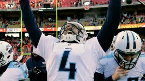 Tennessee Titans kicker Ryan Succop (4) celebrates after making the winning field goal during the second half of an NFL ...