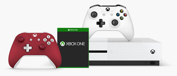 Red and White Xbox Controllers with generic game and white Xbox One S