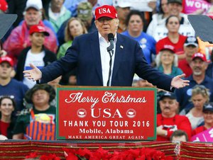 President-elect Donald Trump speaks during a rally at the Ladd–Peebles Stadium, Saturday, Dec. 17, 2016, in Mobile, Ala.