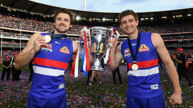 Success story: Joel Hamling (left) with Fletcher Roberts after the Bulldogs' 2016 grand final victory.