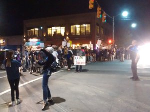 A protest against Donald Trump in Chapel Hill, North Carolina on November 18, 2016. Protesters are blocking Franklin Street at the intersection of Franklin and Columbia