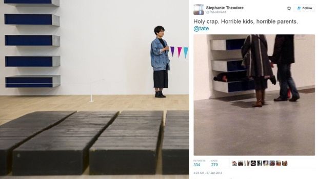 Left: an artist performs live art alongside Untitled by Donald Judd, at the Tate Modern this year. Right: This photo of children climbing over a Donald Judd sculpture was posted on Twitter.