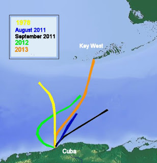 A map detailing Nyad's five attempts to complete the epic swim from Cuba to Key West
