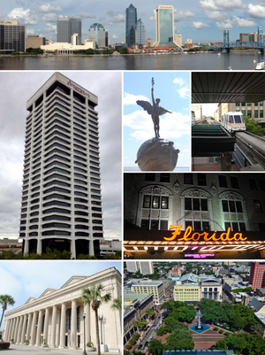 Top, left to right: Downtown Jacksonville, Riverplace Tower, statue in Memorial Park, Jacksonville Skyway, Florida Theatre, Prime F. Osborn III Convention Center, Hemming Park