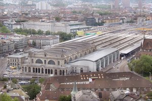 Aerial view of the Hauptbahnhof (Main Station) in Zurich, Switzerland; Europe's busiest terminus station by railway traffic