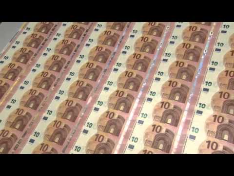 Production of the new 10 Euro banknotes - printing Bills EUR BCE USD Money as Debt