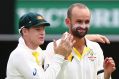 On-field relationship: Steve Smith and Nathan Lyon celebrate a wicket.