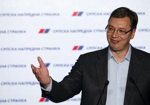 Serbian Prime Minister and Progressive Party leader Aleksandar Vucic, speaks during a press conference after claiming victory in parliamentary elections in Belgrade, Serbia, Sunday, April 24, 2016