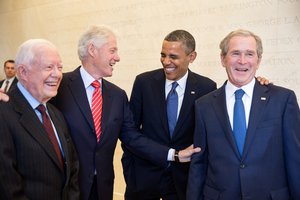 United States President Barack Obama with former presidents Jimmy Carter, Bill Clinton, and George W. Bush, prior to the dedication of the George W.