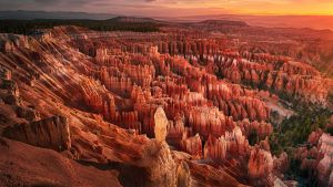 Morning sunlight over the amphitheater at Bryce Canyon viewed from Inspiration Point.