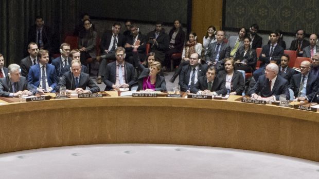 US Ambassador Samantha Power, centre,votes to abstain during a UN Security Council vote condemning Israel's settlements ...