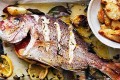 Whole snapper roasted with herbs and chat potatoes.