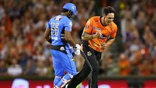 PERTH, AUSTRALIA - DECEMBER 23:  Mitchell Johnson of the Scorchers celebrates the wicket of Kieron Pollard of the ...