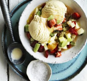 Ice-cream with fruit salad dressing.