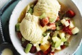 Ice-cream with fruit salad dressing.