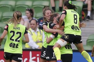 Canberra United players celebrate a goal during the round nine W-League match against Melbourne Victory.