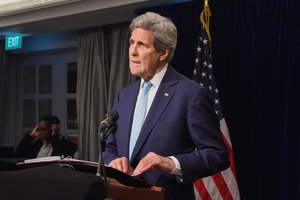 U.S. Secretary of State John Kerry briefs the White House press corps on May 24, 2016, at the Park Hyatt Saigon Hotel in Ho Chi Minh City, Vietnam, as he accompanies President Obama during his trip to Vietnam