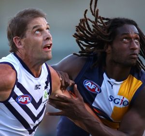 Aaron Sandilands and Nic Naitanui contest a ruck. They will not have to deal with a 'third man'.