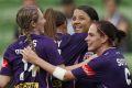 Glory's Samantha Kerr celebrates a goal with teammates during their W-League match against Melbourne City on Wednesday ...