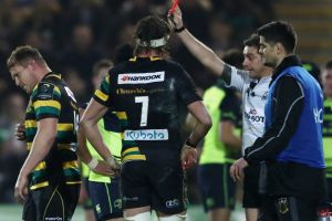 Serial offender: Dylan Hartley of Northampton walks off the pitch after being shown the red card by referee Jerome ...