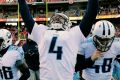 Tennessee Titans kicker Ryan Succop (4) celebrates after making the winning field goal during the second half of an NFL ...