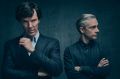 Bendict Cumberbatch and Martin Freeman as Sherlock Holmes and Dr Watson. 